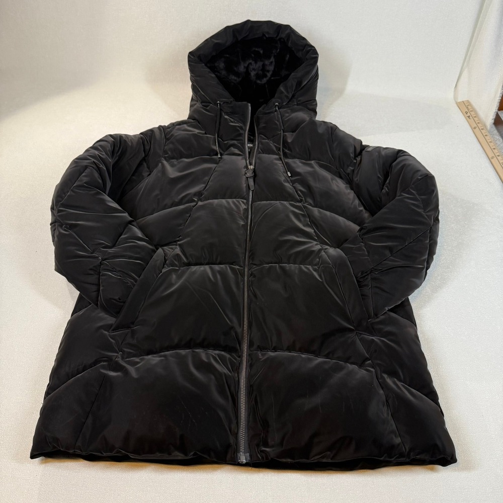 DKNY Black Puffer Coat with Fur Lined Hood Size Medium